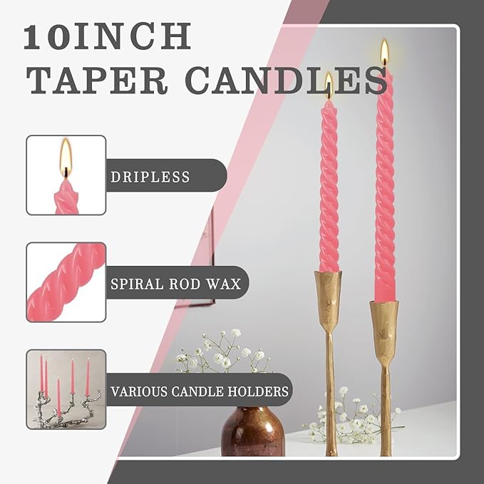 10 Inch Pink Spiral Taper Candle Set of 12 Pack Unscented Dripless Candlesticks for Valentine's Day,Dinner,Party,Brithday,Wedding,Christmas,and Home Decoration