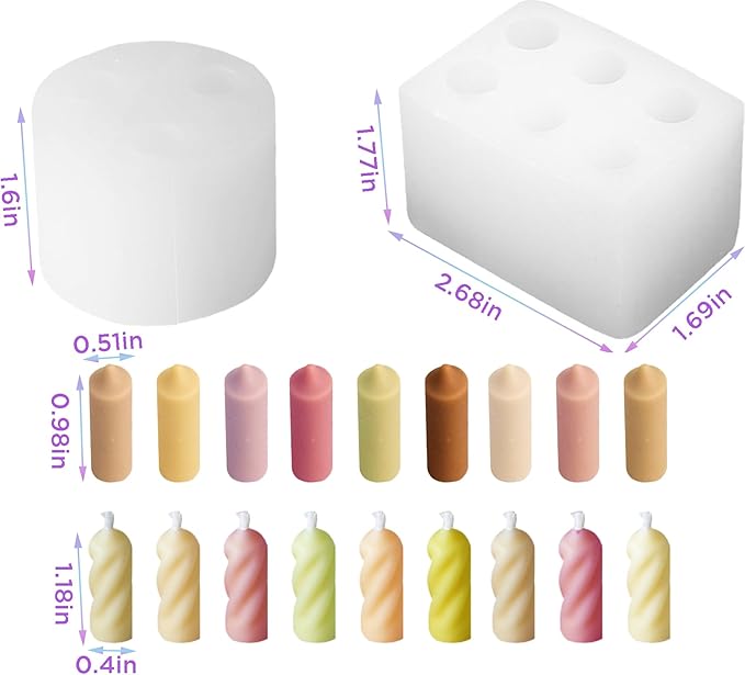 2-Pack Silicone Candle Molds Set, 6 Holes Mini Long Cylinder Shape Mold and 3 Holes Mini Twisted Cylinder Mold for Aromatherapy Candle Soy Wax Soap Clay Craft Plaster Resin Making