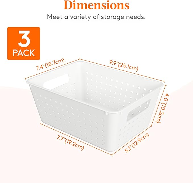 Lifewit Plastic Storage Basket for Organizing, 3 Pack Stackable Storage Bins, Open Containers for Shelving, Pantry, Office and Cabinet, 3 Large Size, White