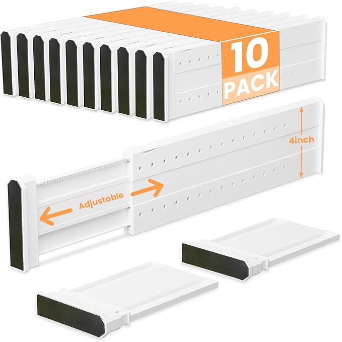 REBECAT 10 Pack Drawer Dividers for Clothes Adjustable Drawer Dividers 4" High Expandable from 15"-21" for Dresser Baby Clothes Bathroom,Bedroom Kitchen and Office Storage，White