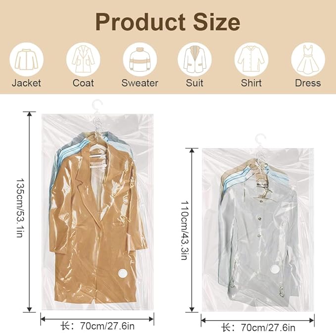 Flintronic Hanging Vacuum Storage Bags, 4pcs(2 Long 135x70CM & 2 Short 110x70CM) Vacuum Compression Zipper Storage Bags, Space Saver for Clothes, Suits, Dresses, Coats or Jackets