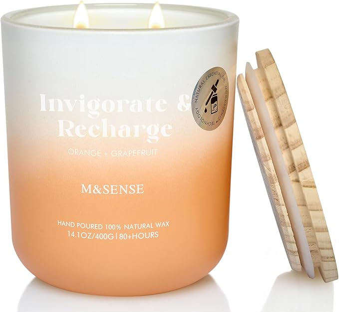 M&SENSE Orange Grapefruit Candle for Home Scented, 14.1oz Non Toxic 80 Hours Long Lasting Natural Soy Wax 2 Wick Aromatherapy Candle for Bath Bedroom, Spiritual Healing Gifts for Housewarming
