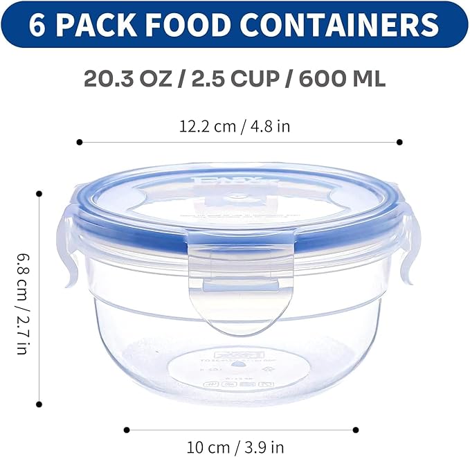 KIGI Round Food Storage Container, Leakproof Plastic Bowls with Lid Set for Soup, Snack, Fruit, Meal Prep & Lunch, 4 Sided Locking Airtight Lid, BPA Free, 20 oz / 2.5 Cup, 12 Piece Set
