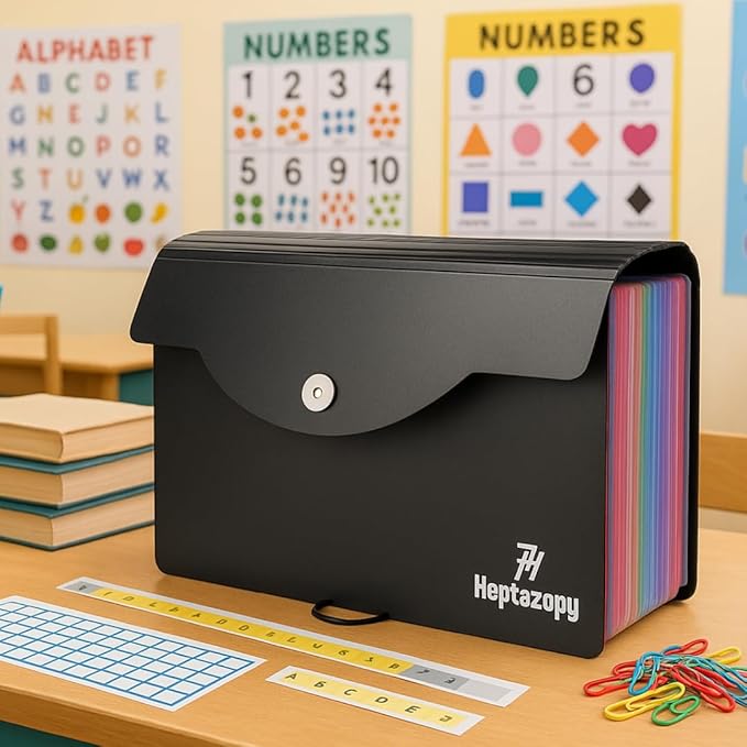 26 Pockets Plastic Accordion File Organizer, Expanding File Folder Organizer, A4 Letter Size Filing Organizer with Colorful Tabs, Elastic Cord, 60 Paper Clip, Label & Stickers for Office School Home
