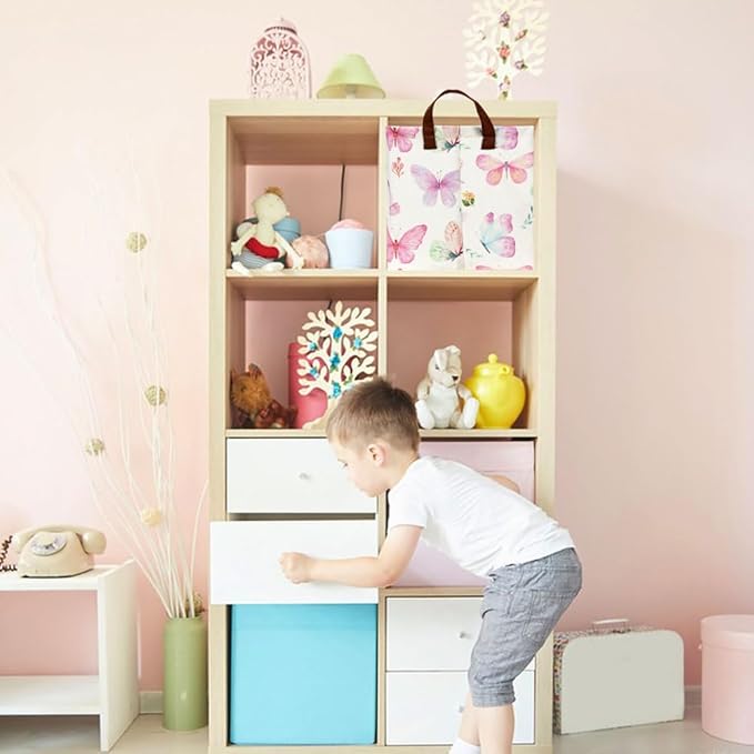 Rectangle Pink Butterfly Storage Basket with Handles, Collapsible Storage Bin, Books Box, Gift Basket(Pink Butterfly)