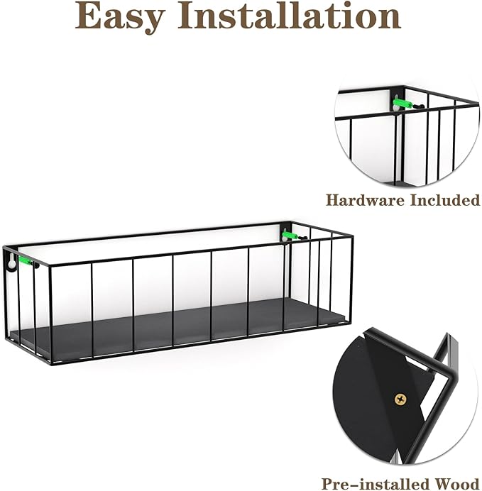 CRUGLA Black Floating Shelves Wall Mounted Set of 5, Hanging Wall Shelf with Rail for Bathroom, Bedroom, Living Room, Kitchen