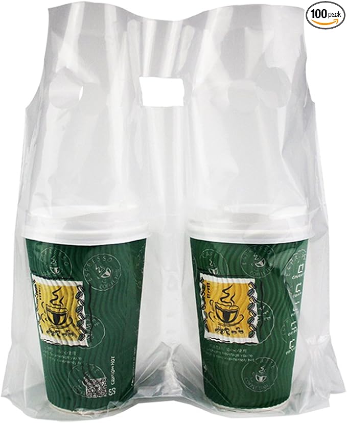 FERENLI 100PCS Clear Handle Drink Drinking Plastic Packaging Bags for Shops Stores Dining Hall Portable Beverage Milk Juice Water Carrier Containers Hanging Hole Liquid Pouches 12.2x10.2 inch