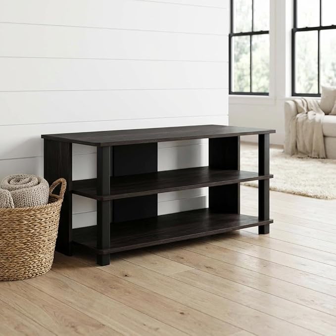 Furnifact Espresso/Black Wood 3-Tier TV Stand, for up to 40-inch TVs, Stylish, Functional, Ample Storage, Modern Design, Living Room, Entertainment Space