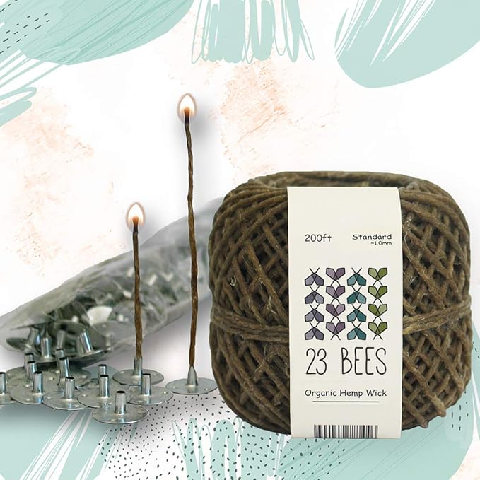 100% Organic Hemp Candle Wick 1.0mm Standard + Wick Sustainer Tabs 200pcs for Candle Making, 23 Bees, European Imported Hemp Spool 200ft with Natural Beeswax Coating