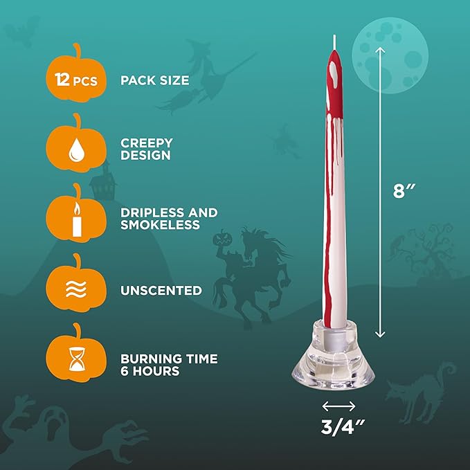 CANDWAX 8 inch Taper Candles Set of 12 - Dripless Candlesticks Burning for 6 Hours - Bloody Tapered Candles Ideal as Halloween or Other Themed Decor - Blood White Candle