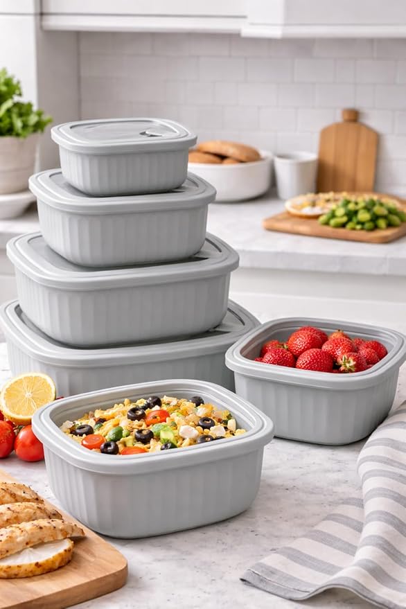 Set of 4 BPA-Free Square Food Storage Containers Assorted Sizes, Microwave & Freezer Safe Nesting Design for Leftovers Meal Prep Fridge Organization Dry Grains (Gray)