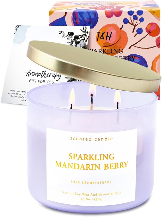 Large Sparkling Mandarin Berry Scented Candle for Home - 3 Wick Soy Candles 15.8oz, Fresh Citrus Aromatherapy Candle, Long Lasting Clean Burning, Uplifting Gift for Women & Men