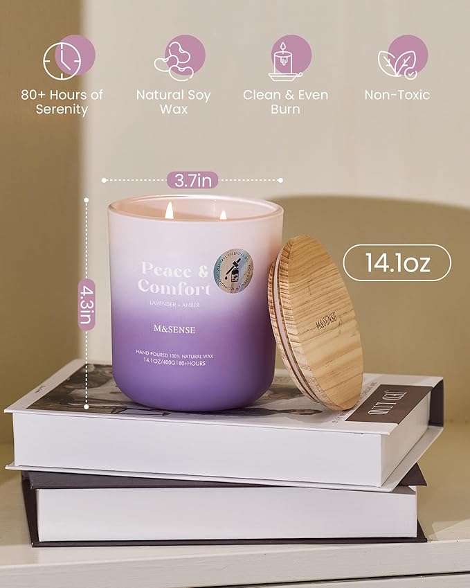 M&SENSE Lavender Amber Candle for Home Scented, 14.1oz Non Toxic 80 Hours Long Lasting Natural Soy Wax Aromatherapy Candle for Spiritual Healing & Stress Relief Gifts for Spa Yoga Meditation