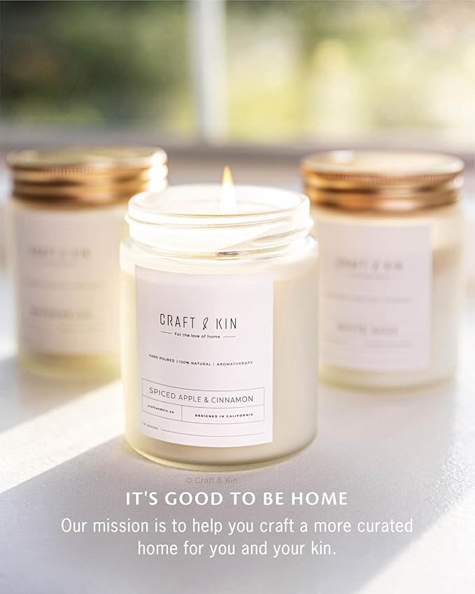 Craft & Kin Apple and Cinnamon Scented Candles | 8 Oz, 45-Hour Long Lasting | Classic Soy Winter Candle with Wood Wick | Made with Natural Soy | Candles Gifts for Men and Women