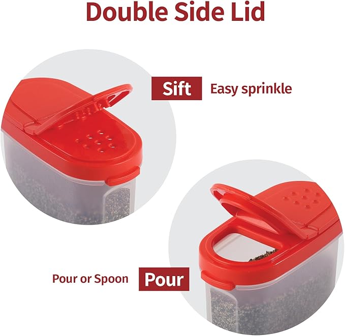 SIGNORA WARE Spice Jars with Lids -8 and 4 oz Refillable Empty Airtight Spice/Seasoning Containers Set -2 in 1 Pour/Sift Shaker Lids Clear Plastic Spice/Seasoning Organizer Kitchen/Travel 8 pk.Red