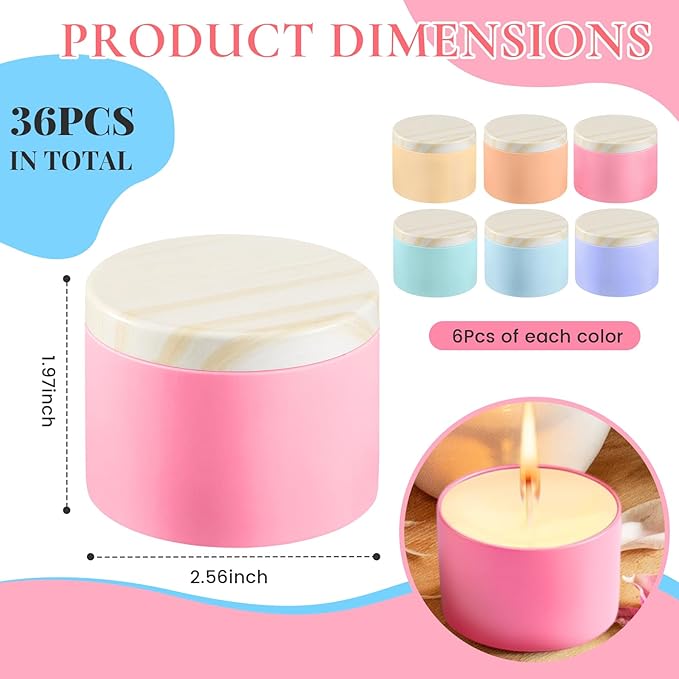 Honeydak 36 Pcs 4oz Candle Jars Bulk Multicolored Candle Tins Small Empty Containers with Metal Wood Grain Printing Lids for Making DIY Jars Storage Wedding Gifts