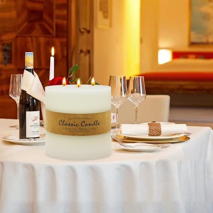 Large 3-Wick Ivory Pillar Candle - 6x6 Inch Dripless & Smokeless Unscented Fat Candle, 120 Hour Long Burning Hand-Poured Thick Candle with Cotton Wicks