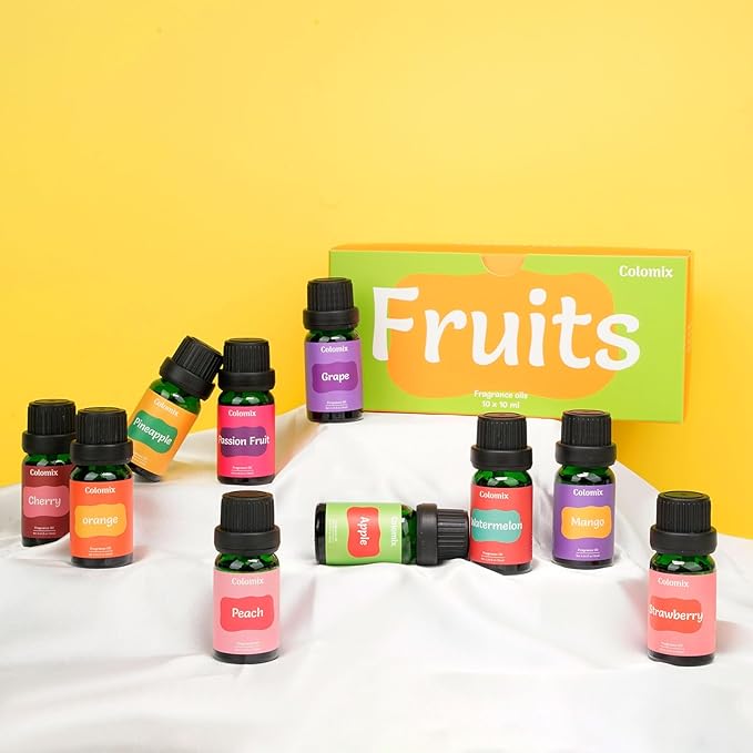 Fruity Fragrance Oil Set, 10x10ml, Colomix Essential Oils for Diffusers for Home, Fruit Diffuser Oil Scents, Fragrance Oil for Candle Soap Making, Orange, Strawberry, Apple Oil & More, Valentines Gift