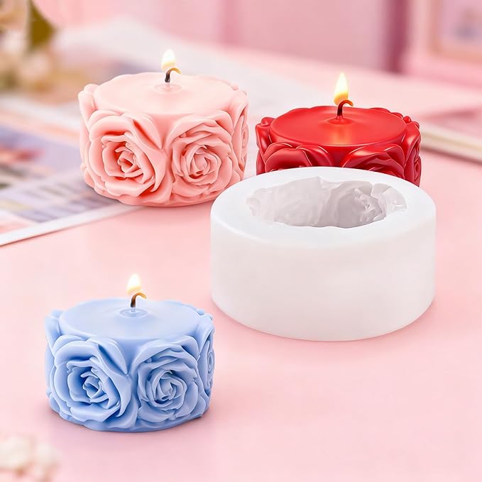 Rose Flower Column Candle Molds Flower Shape Silicone Candle Molds Cylinder Resin Casting Mold Silicone Flowers Rose Mold for Candles Making DIY Polymer Clay Craft Plaste Valentine Mother Day