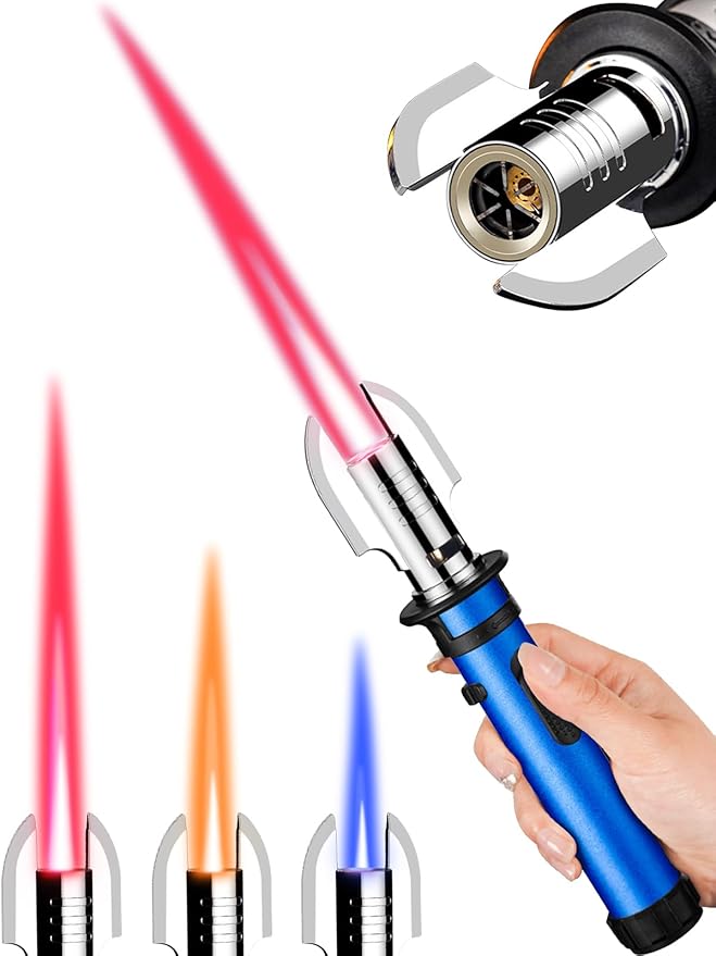 Torch Lighter, Refillable Butane Jet Flame Lighter with Adjustable Flame & Safety Lock, Windproof Gas Torch for Camping, BBQ, Fireplace, Candles, Cooking, Fireworks (Butane Not Included) (Blue)