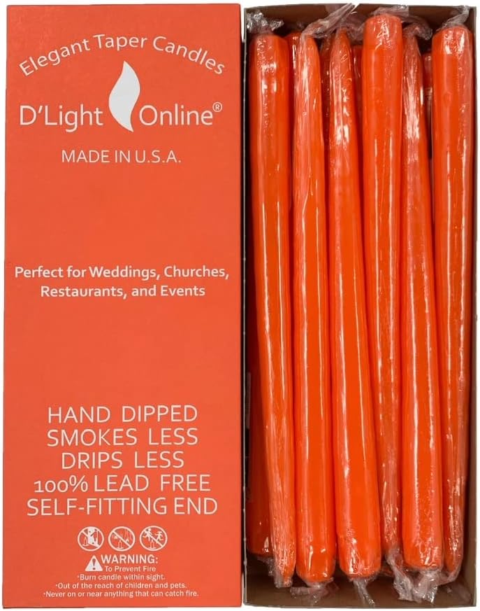 D'light Online Elegant Unscented 12" Orange Taper Candles Premium Quality Hand-Dipped Tapered Candles, Dripless and Smokeless - Set of 12 Individually Wrapped (12 Inch, Orange)