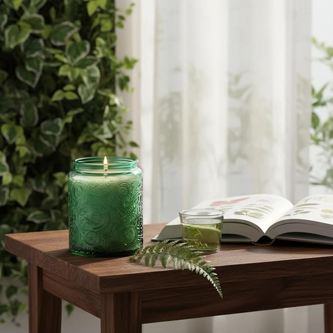 9-Pack 8oz Embossed Glass Candle Container with Bamboo Lids and Labels, Green Candle Jars for Making Candles, Sun Moon Star Design