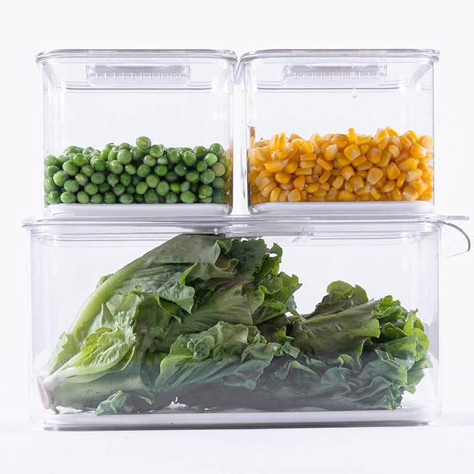SANNO Fridge Produce Saver Food Storage Bin Containers, Refrigerator Food Fruit Vegetables storage Produce Saver Produce Saver Containers, Stackable Freezer Fridge
