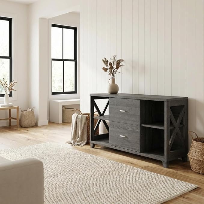 Furnifact Gray Deluxe 2 Drawer TV Stand with Shelves for Up to 55-Inch TVs, Transitional Coastal Style, Particle Board MDF Construction