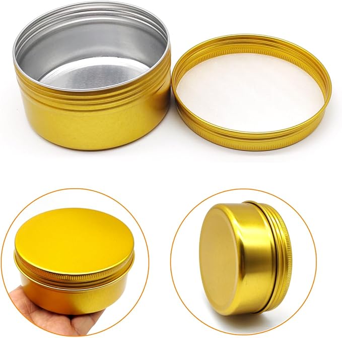 200ml Aluminum Tin Jar, Refillable Makeup Container 200g Gold Screw-up Lid Small Round Cans 7oz for Cosmetics, Lip Balm, Cream, Toner, Eyeshadow, Candle, Tea, Beads, Nails, 4 Pack Travel Tins