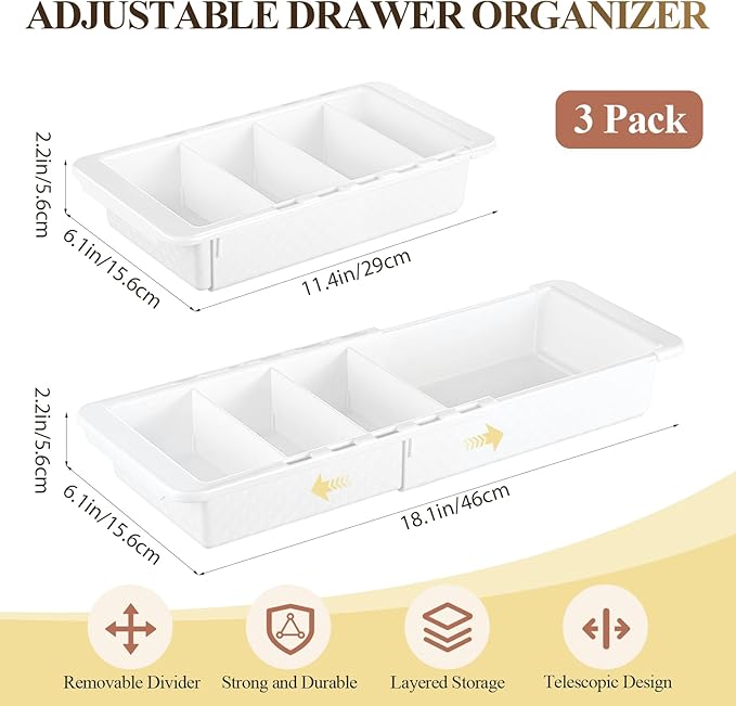 3 Pcs Expandable Drawer Organizer Bins Adjustable Deep Drawer Hanging Organizer Tray Expandable 11.4 to 18.1 Inches Plastic Dividers Storage for Office Bathroom Bedroom Kitchen Desk, White
