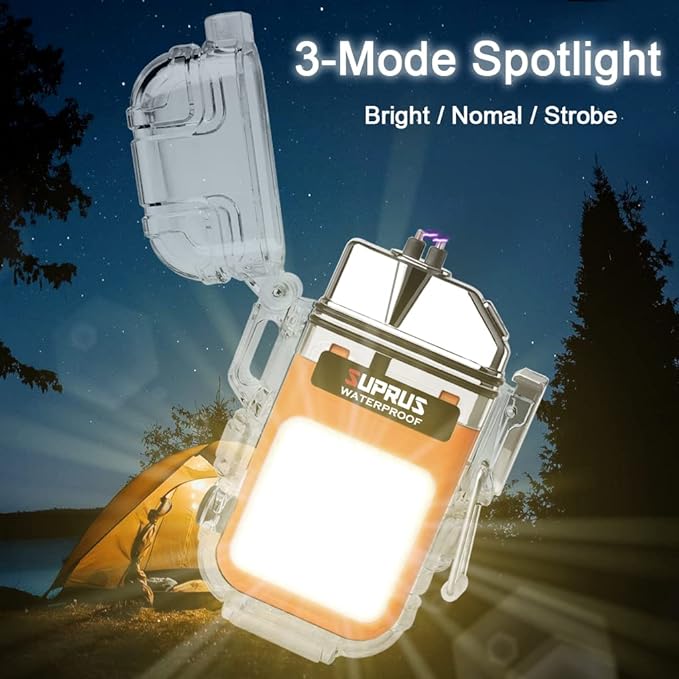 SUPRUS Waterproof 3 Modes of Flashlight Windproof Lighter Dual Arc Electric Rechargeable Dual Arc Plasma Lighter with Survival Emergency Whistle and Lanyard (Orange)