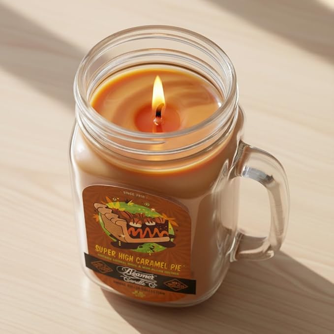 Super High Caramel Pie Candle – Odor Eliminating, Strong Scent – Sweet Caramel Pie – Long Lasting 90 Hour Burn – Large 12oz Mason Jar – Made in USA – Beamer Candle Co.