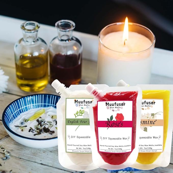 DIY Squeezable Soy Wax Candle,Handmade Eco-Friendly, Each 7 oz and 55 Hours Burn Time, 3 Luxurious Scents for Creative Home Decor & Gifts(English Pear & Freesia+Rose+Jasmine)