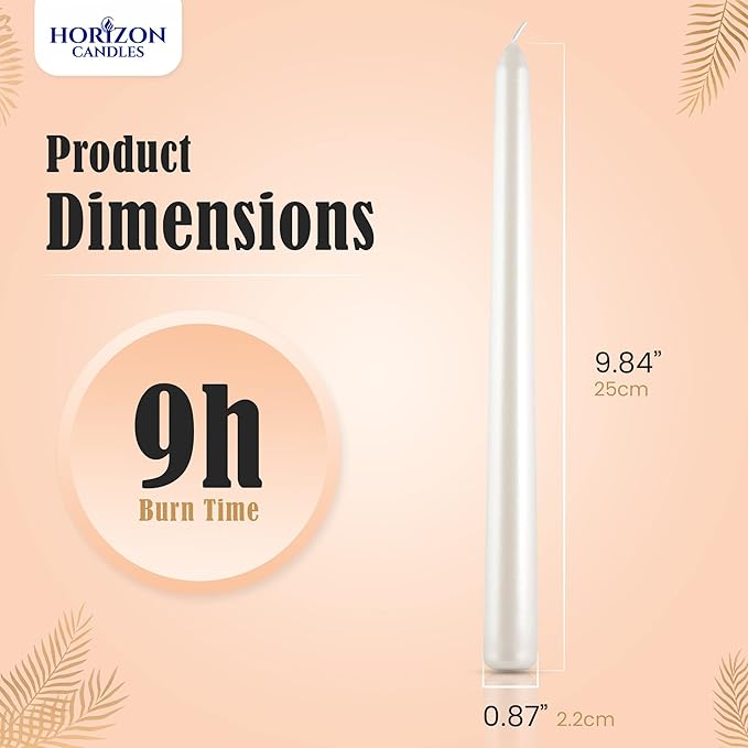 Horizon Unscented 10-Piece Taper Candle Set – 9 Hours Burning Time Smokeless & Dripless Candles for Centerpieces at Wedding, Holiday Dinners, Festive Parties and Home Decor - White
