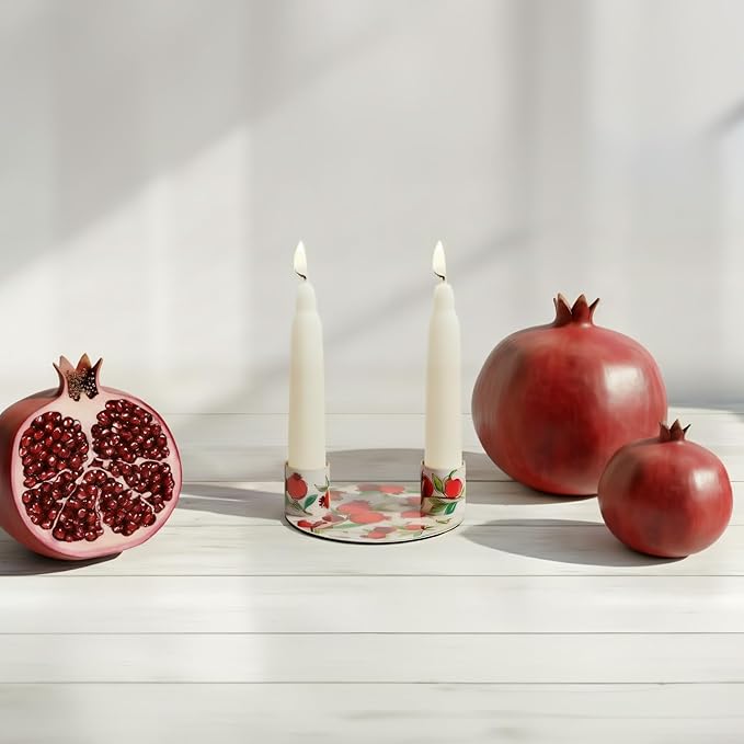Yair Emanuel Flat Plate Candle Holders for Shabbat 4 Inch Vibrant Pattern Design Modern Judaica Gift (CSE-1 Pomegranates)