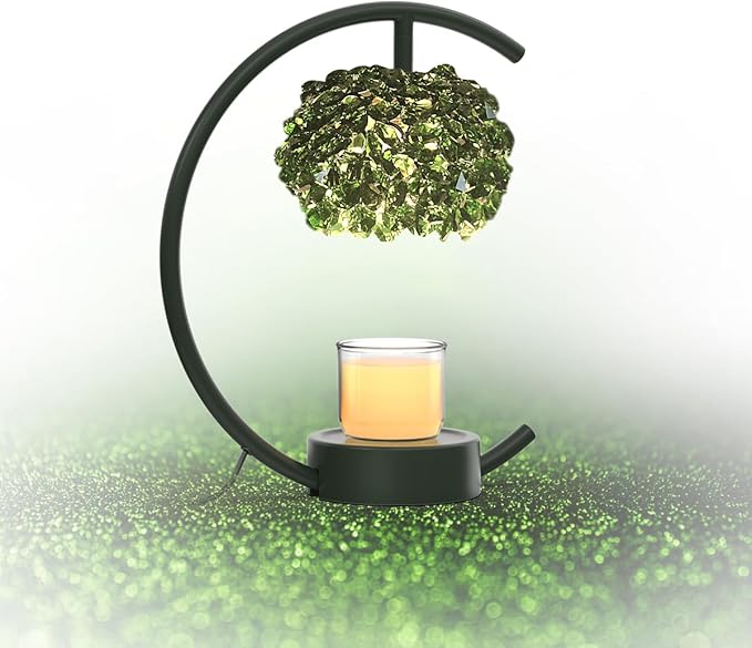 Yeuslor Candle Warmer Lamp for Jar Candles with Adjustable Brightness＆Timer，Handcrafted Green Crystal Candle Lamp Luxurious Design+2Bulbs,Home Decoration Electric Candle lamp(Balck C-Shaped)