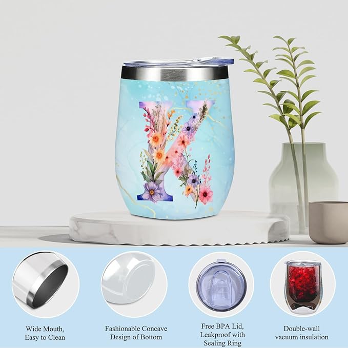 Personalized Gifts Monogrammed Birthday Gifts for Women, Soul Sister Bachelorette Party Wedding Christmas Initial Wine Tumbler Makeup Bag Scented Candle Bracelet Set, (Aesthetic Blue Flower K)