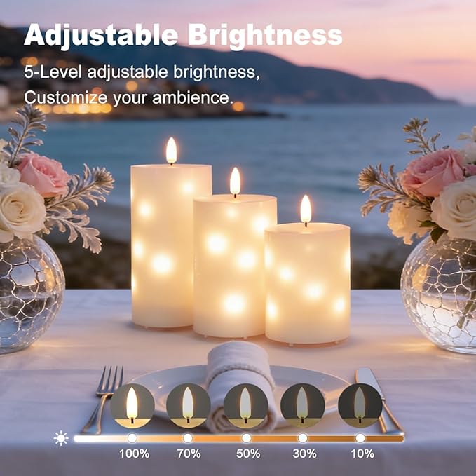 Rechargeable Glass LED Flameless Candles, Embedded Star String Flickering Flameless Candles for Romantic Ambiance and Home Decoration with Remote & Timer(White)