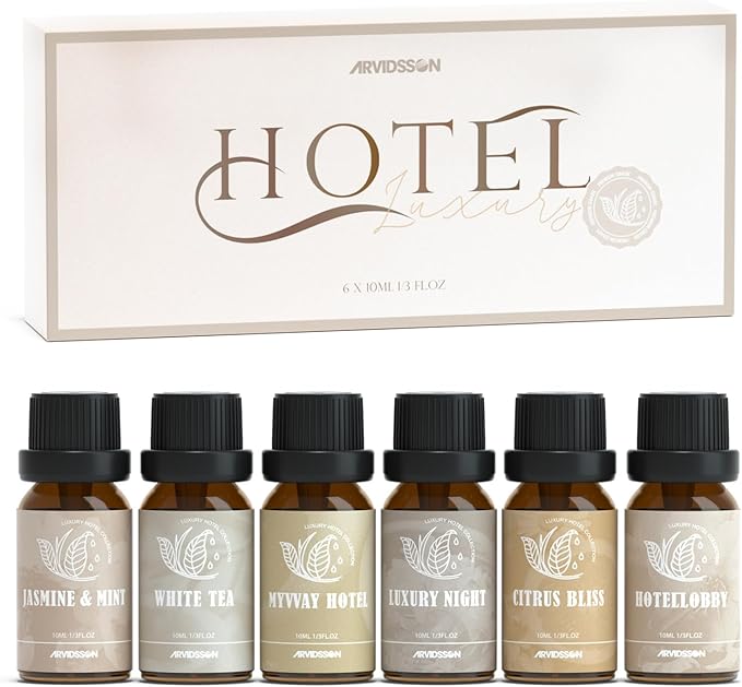 ARVIDSSON Hotel Diffuser Oils Gift Set, Hotel Scent Essential Oils for Diffuser, Luxury Fragrance Oil Blend - Jasmine & Mint, White Tea, Citrus Bliss, M-Way, Fancy Lobby, Gift for Women and Men