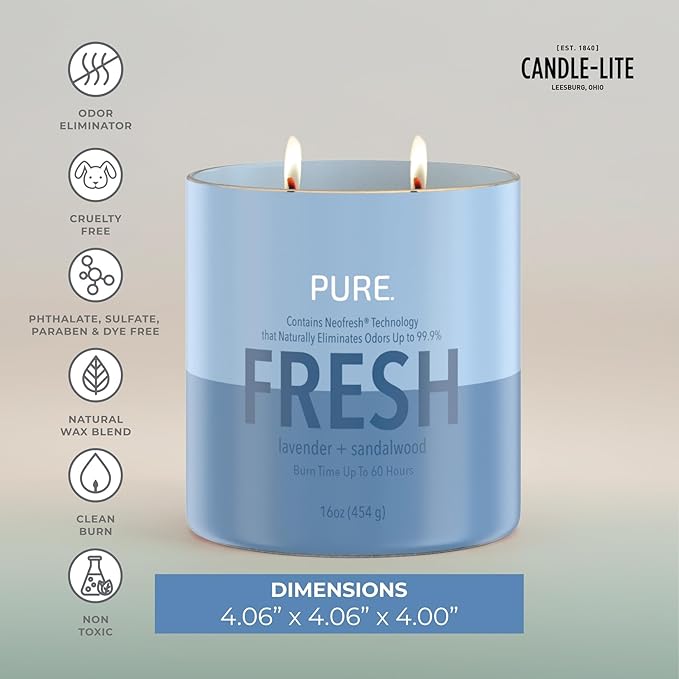 Candle-Lite Pure Lavender & Sandalwood Odor Eliminating Scented Candles, Neofresh Technology Eliminates 99.9% of Odors, 16 oz 2-Wick Jar, Proudly Poured in The USA, Up to 60 Hours Burn Time