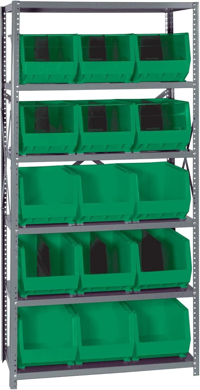 Quantum Storage Systems QSBU-260GN Giant Open Hopper Steel Shelving System, 18" D x 36" W x 75" H, with 6 Shelves and 15 QUS260 Bins, Green