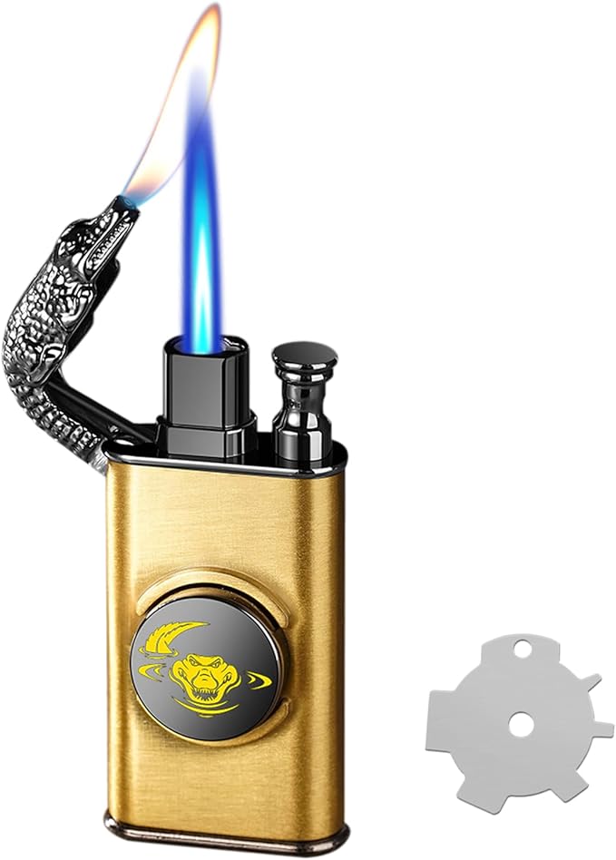 Torch Lighter, Magic Dual Flame Dragon Lighters with Adjusting Flame Tool, Creative Windproof Cool Design, Refillable Butane Lighter Gifts for Men Friend Outdoor Indoor(Without Butane)-Gold Crocodile