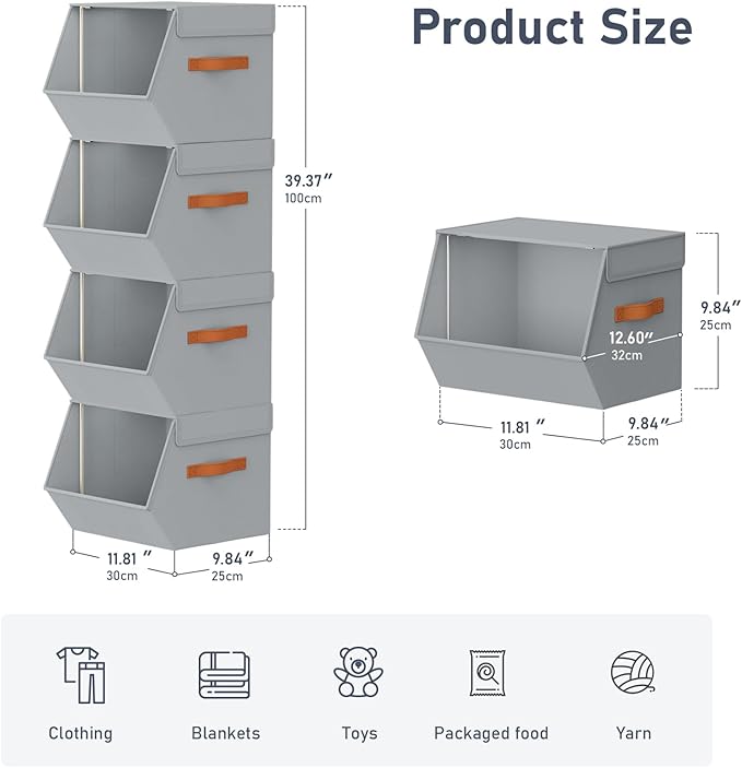Stackable Closet Organizers and Storage Bins, Open Front Closet Shelf Organizer System With Steel Frame, Clothes Storage Basket Fabric, Collapsible Closet Drawers for Wardrobe, Nursery ,Toy, 6 Pack
