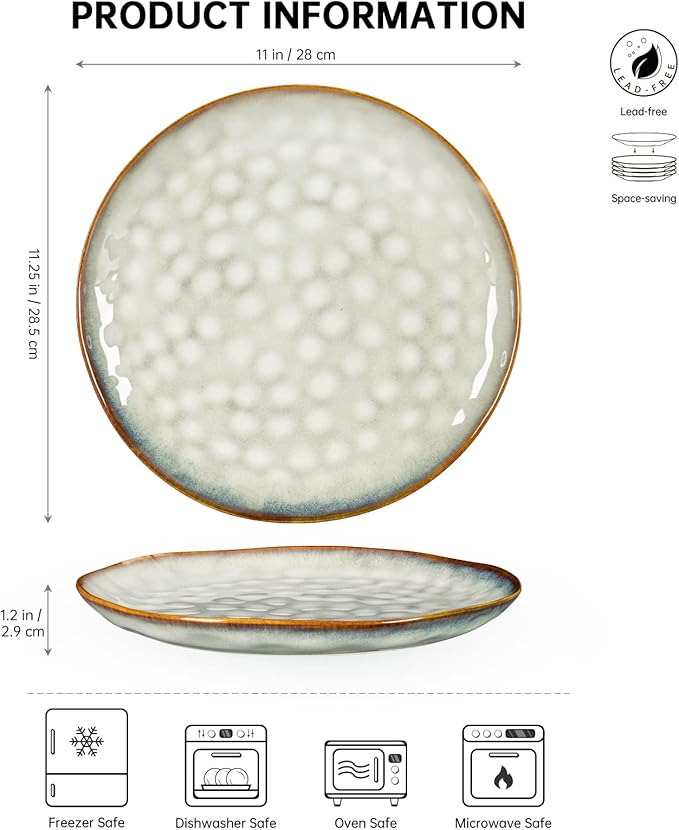Henten Home Ceramic Dinner Plate Set, 11 Inch Porcelain Pizza, Pasta, Salad Plates, Irregular Shape Steak Plates Set of 4, Stoneware Serving Dishes for Kitchen (White)