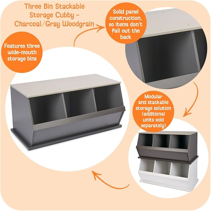 Badger Basket 3-Bin Stackable Toy Storage Organizer and Cubby for Kids – Durable Plastic Bins, Easy Access Storage for Toys, Books, and Kids’ Room – Charcoal Gray