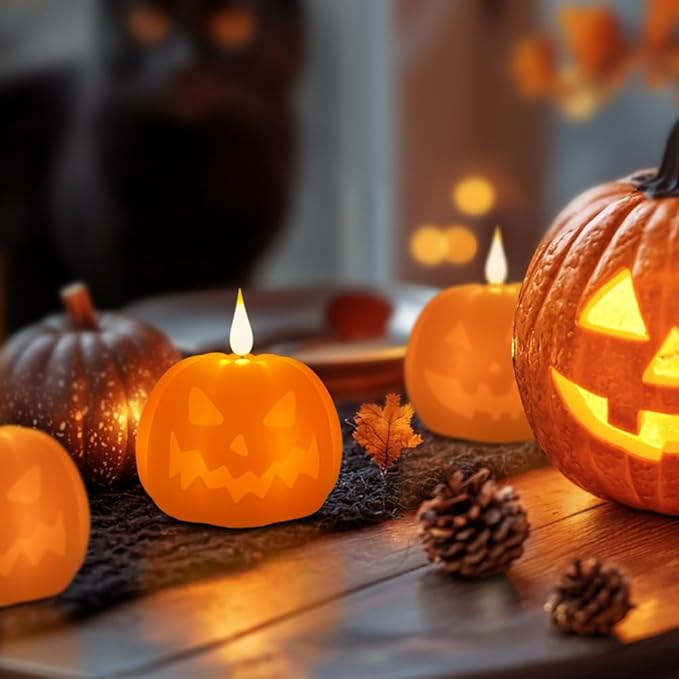 Rechargeable Flameless Candle, Flameless Pumpkin Candle with Timer & Remote,LED Real Wax Pumpkin LED Candles,Halloween Decorations, 1 Set of 2
