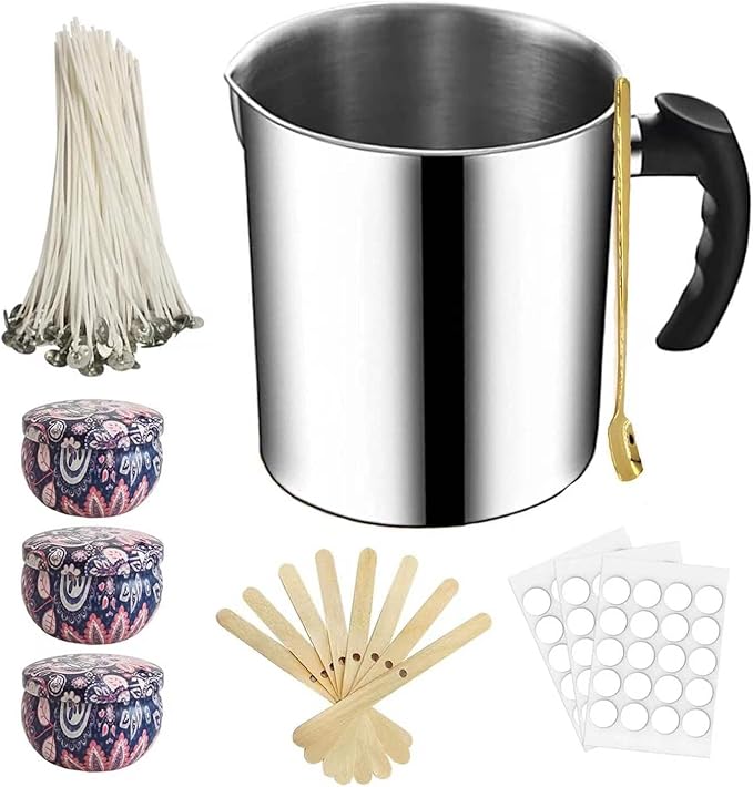 Harnico Candle Making Pouring Pot 1.3L Wax Pouring Pot Candle Making Pitcher with Heat-Resistant Handle and Dripless Pouring Spout Design with Candle Jars, Wicks, Stickers, Centering Device