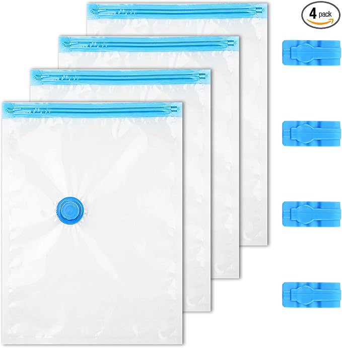 4-Pack Vacuum Compression Space Saving Storage Bags - 13.8 x19.7in Roll-Up Travel Vacuum Seal Bags for Clothing Packing, Cruise Accessories, Luggage & Home Organizers - No Vacuum or Pump Needed