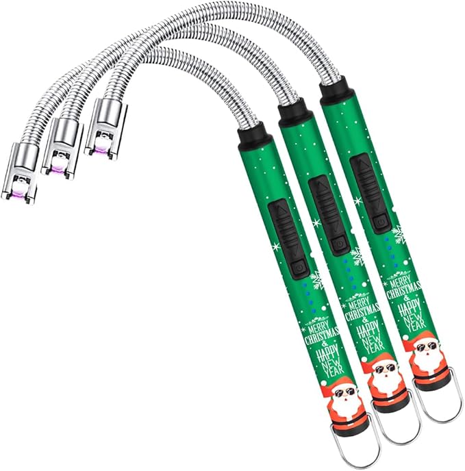 SUPRUS Electric Candle Lighter USB Type C Rechargeable Lighter Steel Shell & Hanging Hook with 360° Flexible Neck(Christmas Green, 3)
