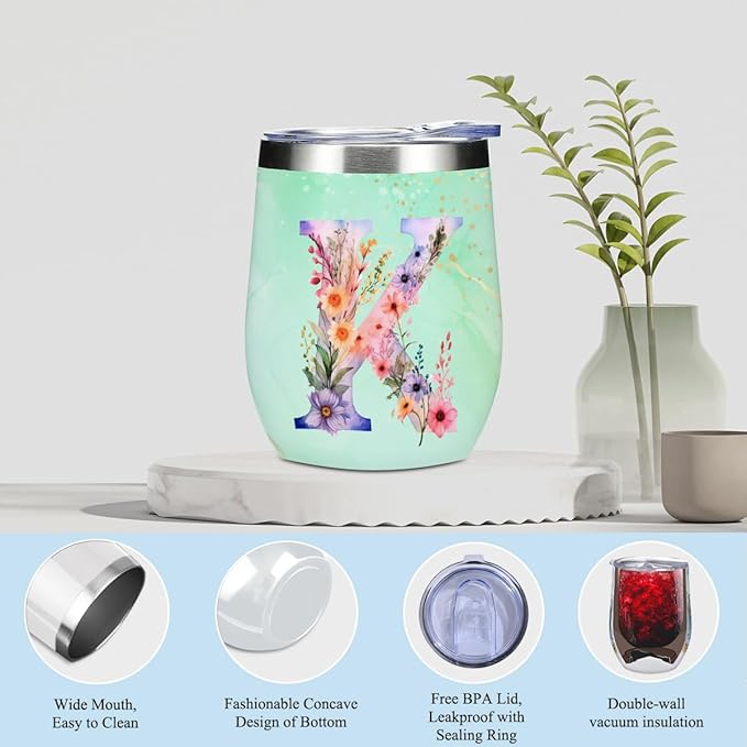 Personalized Gifts Monogrammed Birthday Gifts for Women, Soul Sister Bachelorette Party Wedding Christmas Initial Wine Tumbler Makeup Bag Scented Candle Bracelet Set, (Aesthetic Green Flower K)